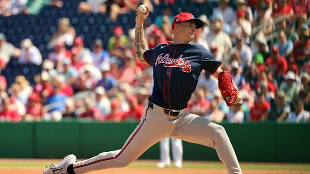 Feb 28, 2024; Clearwater, Florida, USA; Atlanta Braves starting pitcher AJ Smith-Shawver (32) throws a pitch during the first inning against the Philadelphia Phillies at BayCare Ballpark.